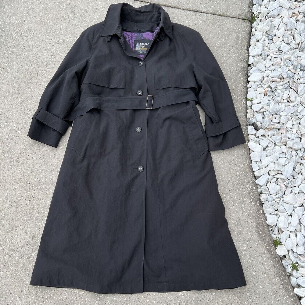 Vintage London Fog Trench Coat Black Size Womens Size 10 Petite Beautiful Lining